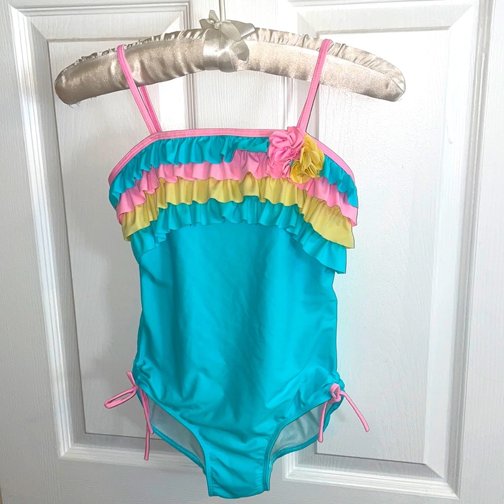 GIRLS RUFFLE AQUA SWIMSUIT